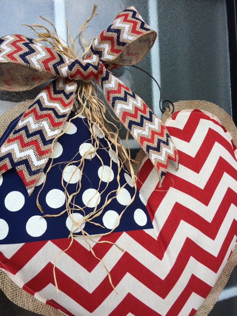Patriotic Heart Burlap Door Hanger American Flag Chevron Door Etsy