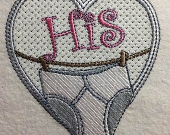 Playful and fun HIS/HER Underwear Love Machine Embroidery Design with Knock-Down type stitch (4x4")
