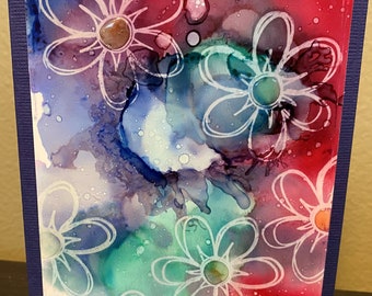 Handmade floral card OOAK made with alcohol ink in purples/pinks/green alcohol ink card with coordinating envelope