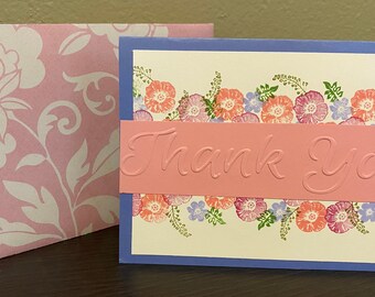 Handmade FLORAL hand stamped and embossed Thank You card Purple/Pink CUSTOM ENVELOPE blank inside
