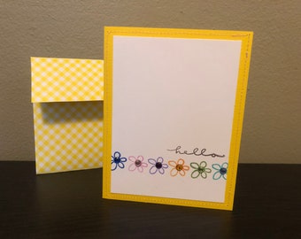 Handmade Mini flowers with rhinestones hand stamped HELLO greeting card ANY OCCASION blank inside with custom envelope