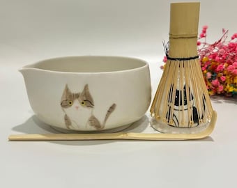Custom Cute Cat Ceramic Matcha Bowl Set,Large Capacity Cat Matcha Bowl, Birthday Gift,Personalized Pet Matcha Bowl,Matcha Bowl Set,500ML
