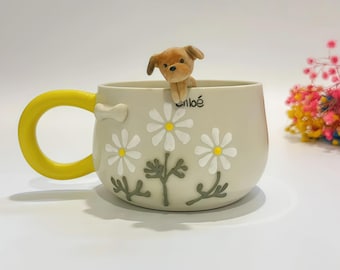 Benutzerdefinierte süße Blumen Haustier handgemachte Keramikbecher / kundenspezifische Blumen Haustier-Gedenkgeschenk, kundenspezifischer Hundekeramikbecher, Geschenk für Hundebesitzer, Geburtstagsgeschenk, 400ML