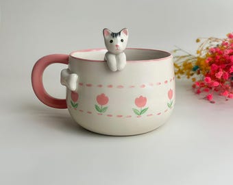 Tazza in ceramica personalizzata fatta a mano con tulipano per animali domestici/Regalo commemorativo per animali domestici con fiori personalizzati, tazza in ceramica personalizzata per cani, regalo per proprietario di cane, regalo di compleanno, 400 ml