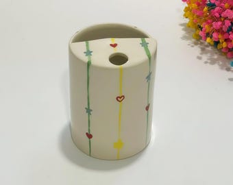 Hand Painted Cute Line Love Ceramic Travel Mug,To Go Ceramic Tumbler, Hand-painted Sip Mug,Coffee Cup Sip Mug,Love Pottery Mug,Birthday Gift