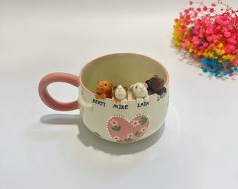 Taza de cerámica hecha a mano con diseño de conejillo de indias con tulipán rosa personalizado/Regalo conmemorativo para mascotas con flores personalizadas, taza de cerámica personalizada con diseño de gato, regalo para dueños de perros, regalo de cumpleaños
