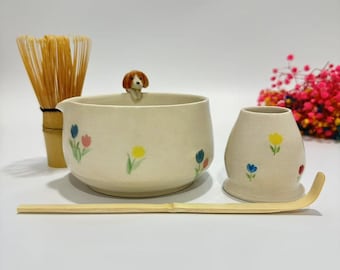 Custom Colorful Tulip Pet Ceramic Matchat Set,Personalized Ceramic Matcha Bowl,Memorial Gift for Pet Lovers,Peekaboo Bowl,Hidden Animal Bowl