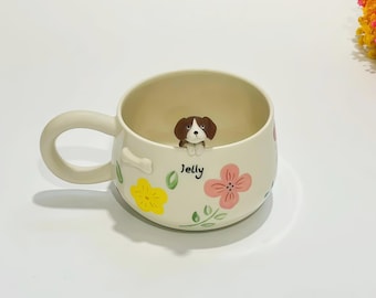 Kundenspezifische bunte Gänseblümchen-Kirsche Haustier-handgemachte keramische tasse/kundenspezifische Haustier-Gedenkgeschenk, kundenspezifische Hundekeramiktasse, Geschenk für Hundebesitzer, Geburtstagsgeschenk, 400ML