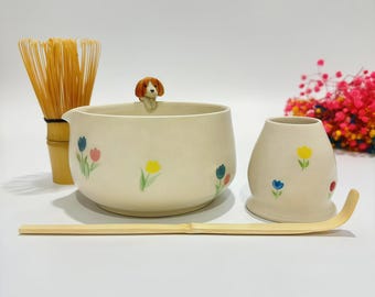 Custom Colorful Tulip Pet Ceramic Matchat Set,Personalized Ceramic Matcha Bowl,Memorial Gift for Pet Lovers,Peekaboo Bowl,Hidden Animal Bowl