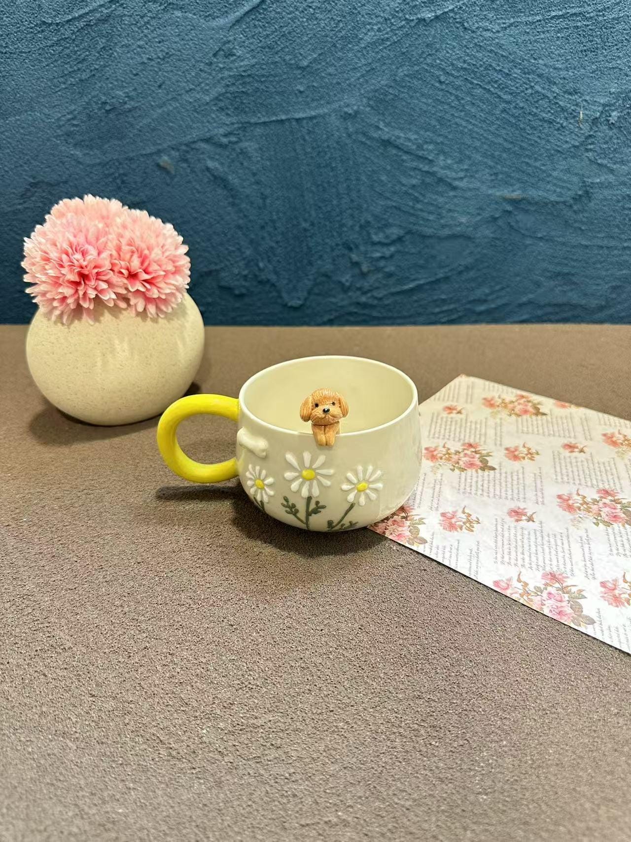 Custom Cute Flowers Pet Handmade Ceramic Mug/Custom Flowers Pet Memorial Gift,Custom Dog Ceramic Mug,Gift For Dog Owner,Birthday Gift,400ML