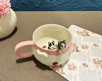 Custom Cute Strawberry Daisy Pet Handmade Ceramic Mug/Custom Flower Pet Memorial Gift,Custom Fruits Cat Mug,Gift For Dog Owner,Birthday Gift