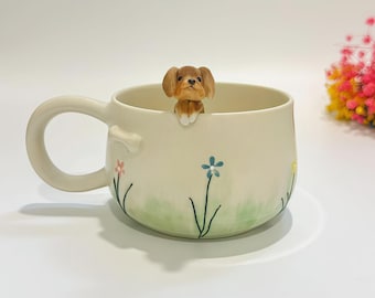 Benutzerdefinierte niedliche bunte Daisy Pet handgemachte Keramikbecher / kundenspezifische Blumen Haustier-Gedenkgeschenk, kundenspezifischer Hundekeramikbecher, Geschenk für Hundebesitzer, Geburtstagsgeschenk