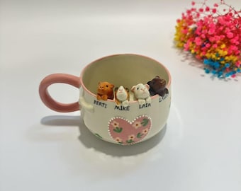 Tazza in ceramica fatta a mano con motivo a tulipano rosa personalizzato, regalo commemorativo per animali domestici con fiori personalizzati, tazza in ceramica con gatto personalizzato, regalo per proprietario di cane, regalo di compleanno