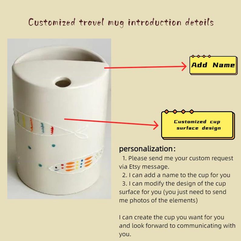 May include: A cylindrical off-white travel mug featuring a small circular opening on top and a hand-painted fish motif in orange, blue, and yellow along the side. Text includes Customized travel mug introduction details, Add Name, and Customized cup surface design.