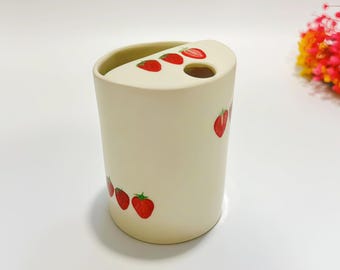 Handmade Strawberry Ceramic Travel Mug: Pottery Coffee Tumbler, 17 oz