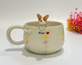 Benutzerdefinierte süße Blumen Haustier handgemachte Keramikbecher / kundenspezifische Blumen Haustier-Gedenkgeschenk, kundenspezifischer Hundekeramikbecher, Geschenk für Hundebesitzer, Geburtstagsgeschenk, 400ML