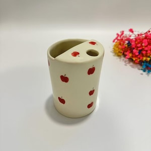 Cute Apple Travel Mug, Handmade Pottery Mug, To Go Ceramic Tumbler, Hand-painted Sip Mug,Coffee Cup Sip Mug,Fruits Travel Mug,Birthday Gift