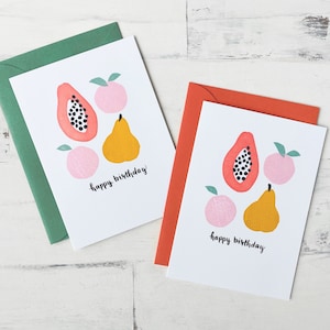Carte de joyeux anniversaire Punch aux fruits • Carte de vœux imprimée à la main avec sceau • Papaye pêche poire