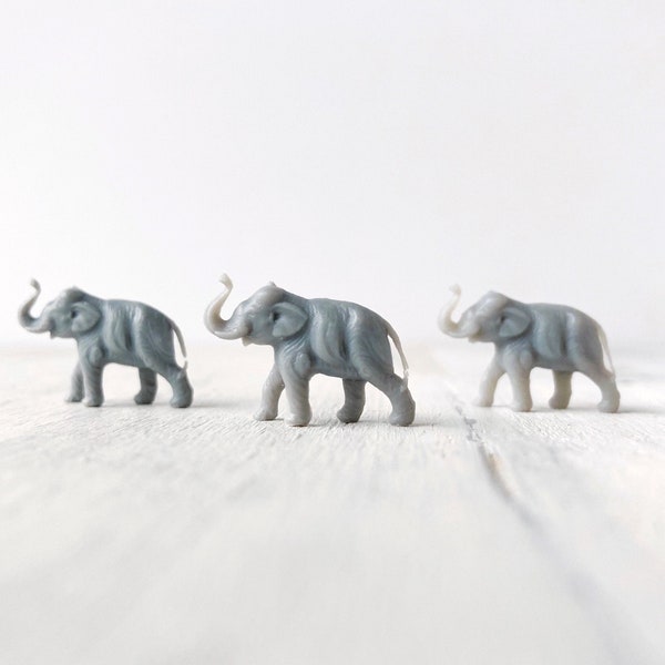 Mini Elephant Figurines • Vintage Grey Plastic Pachyderms • Set of 6
