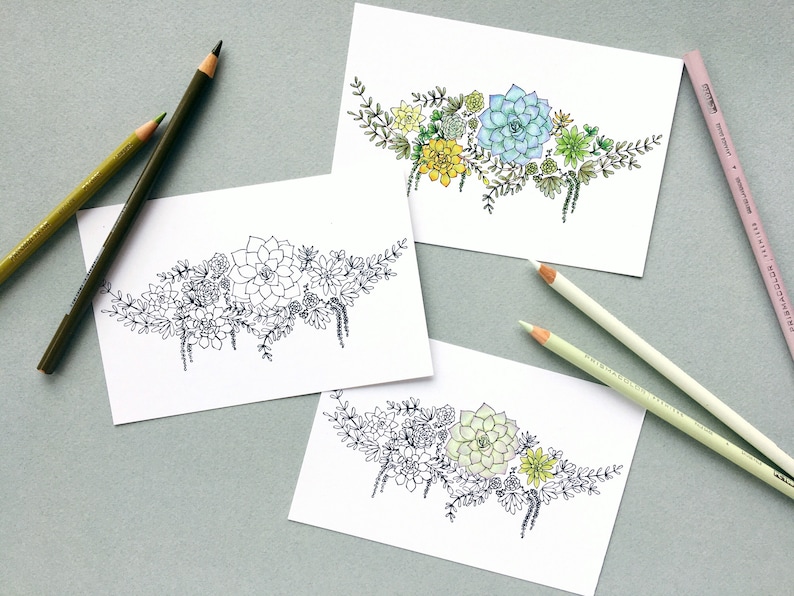 Color Your Own Postcards Greenery Arrangement Stationery Succulent Postcards Set of 6