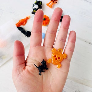 May include: A small black cat figurine and an orange translucent skull-shaped charm. The cat is in a walking pose with its tail raised. The skull charm features a loop at the top for hanging. Additional small Halloween-themed charms are visible.
