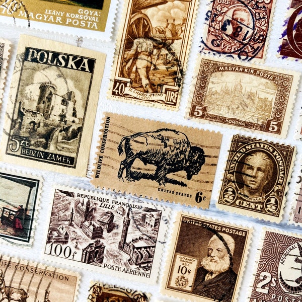 Vintage Postage Stamps in Shades of Brown • Set of 30 • Neutral Tones