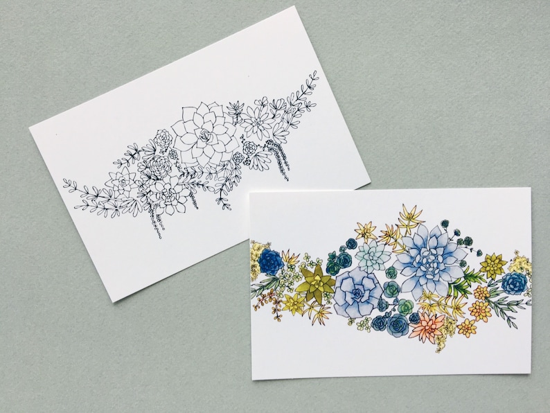 Color Your Own Postcards Greenery Arrangement Stationery Succulent Postcards Set of 6