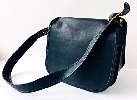 navy blue leather coach purse
