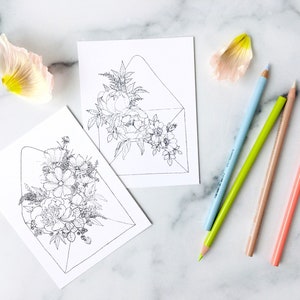 Conjunto de cartões postais botânicos - 6 buquês desenhados à mão em envelopes - Pinte seus próprios designs