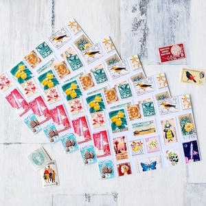 Vintage Briefmarken Postkarten • Set von 6 recycelten Karten • Bunte Weltweite Stempel