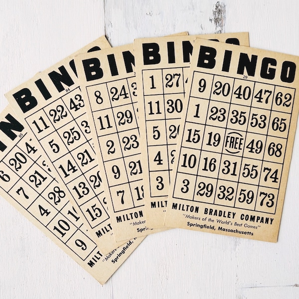 Vintage Bingo Cards • Set of 5 Milton Bradley Game Cards