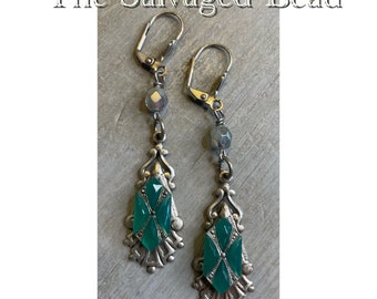 Antique Art Deco Gatsby Flapper Emerald Glass and Faux Marcasite Earrings by The Salvaged Bead