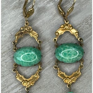 Antique Art Deco Gatsby Flapper Jade Peking Glass Earrings, circa 1940&#39;s by The Salvaged Bead