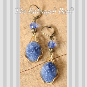 Light Sapphire Blue Floral Relief Pressed German Glass Repurposed Earrings by The Salvaged Bead