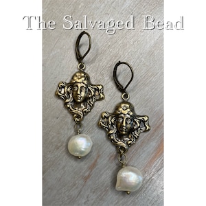 Art Nouveau Brass and Pearl Earrings, by The Salvaged Bead