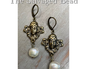 Art Nouveau Brass and Pearl Earrings, by The Salvaged Bead