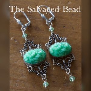 Antique Art Deco Gatsby Flapper Green Floral Earrings, circa 1940&#39;s by The Salvaged Bead