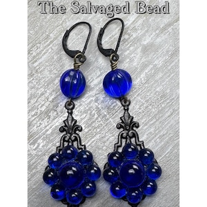 Antique Art Deco Cobalt Blue Glass Drop Earrings; circa 1920’s