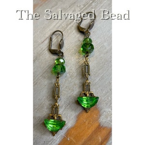 Vintage Art Deco Gatsby Peridot Glass Earrings, by The Salvaged Bead