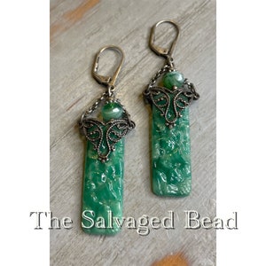 Vintage  Art Deco Gatsby Flapper Floral Molded Green Glass Earrings by The Salvaged Bead
