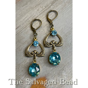 Vintage Heart Brass Aqua Glass Earrings, by The Salvaged Bead