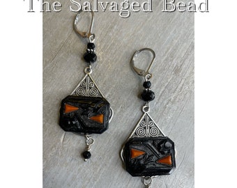Antique Art Deco Gatsby Flapper Geometric Black and Carnelian Glass Earrings by The Salvaged Bead