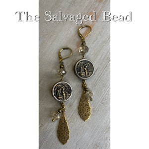 Antique Victorian Black and Brass Waistcoat Button Earrings, circa 1880's by The Salvaged Bead