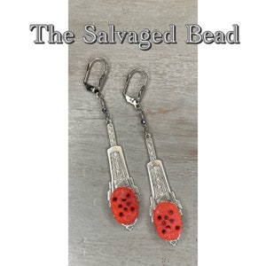 Antique Art Deco Gatsby Flapper Faux Cinnabar Floral Pierced Glass Earrings by The Salvaged Bead