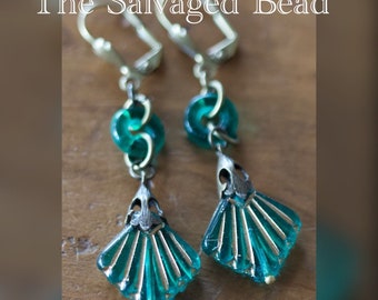 Antique Art Deco Gatsby Flapper Green Glass Fan Earrings, circa 1930's by The Salvaged Bead