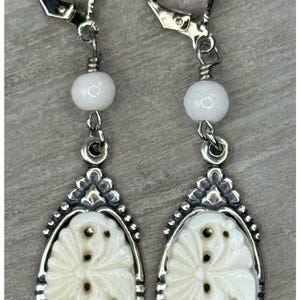 Antique Art Deco White Gatsby Flapper Glass Earrings; circa 1920’s
