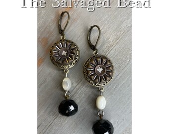 Antique Victorian Nickel and Brass Button and Faceted Black Glass Button Earrings, circa 1880's by The Salvaged Bead