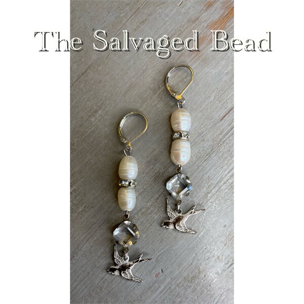 Vintage Clear Glass and Freshwater Pearl and Sparrow Earrings, by The Salvaged Bead