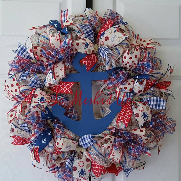 Nautical Decor, Beach wreath, Burlap wreath, patriotic wreath, Anchor wreath,Deco Mesh Beach wreath, Beach house wreath, Lake House wreath