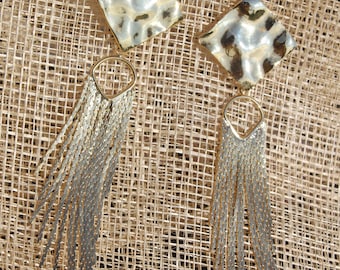 Long Gold Chain Tassel Earrings - 2 3/4 Inch Tassel Dangling From Gold Wavy Diamond Shaped Studs - 3 3/4 Inch